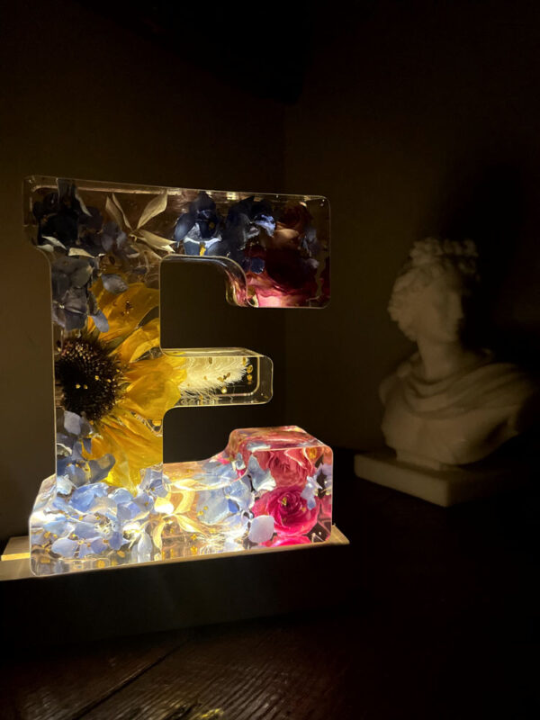 Lettera gigante E girasole fiori fucsia e lilla 7