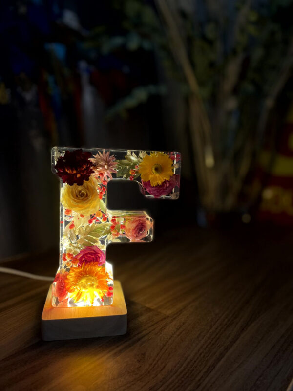 Lettera gigante F fiori misti colorati 5 illuminata