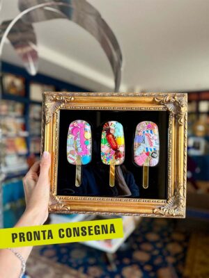 Quadro 3 gelati caramelle cornice oro scuro sfondo nero 1 pronta consegna