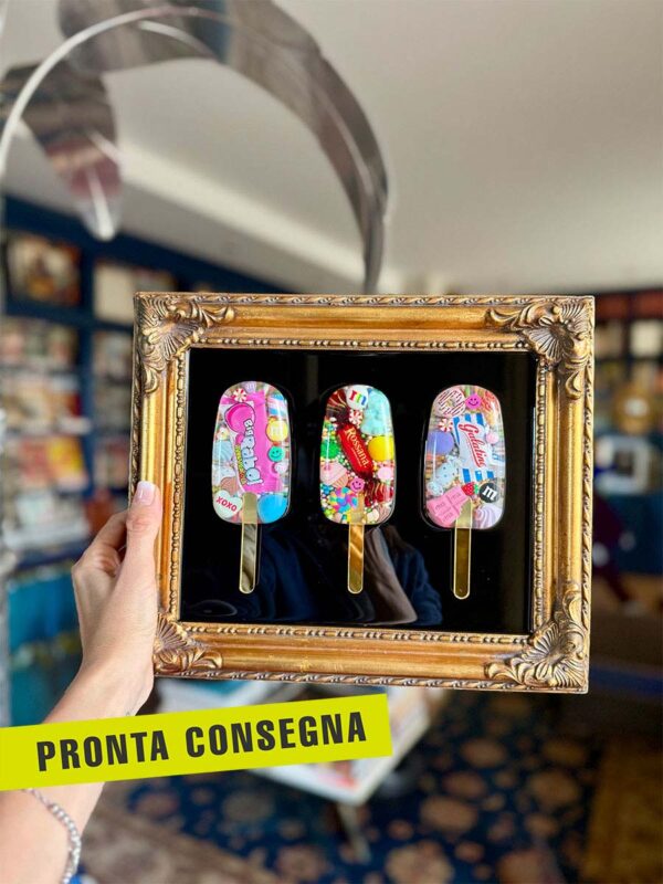 Quadro 3 gelati caramelle cornice oro scuro sfondo nero 1 pronta consegna