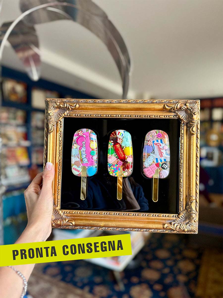 Quadro 3 gelati caramelle cornice oro scuro sfondo nero 1 pronta consegna
