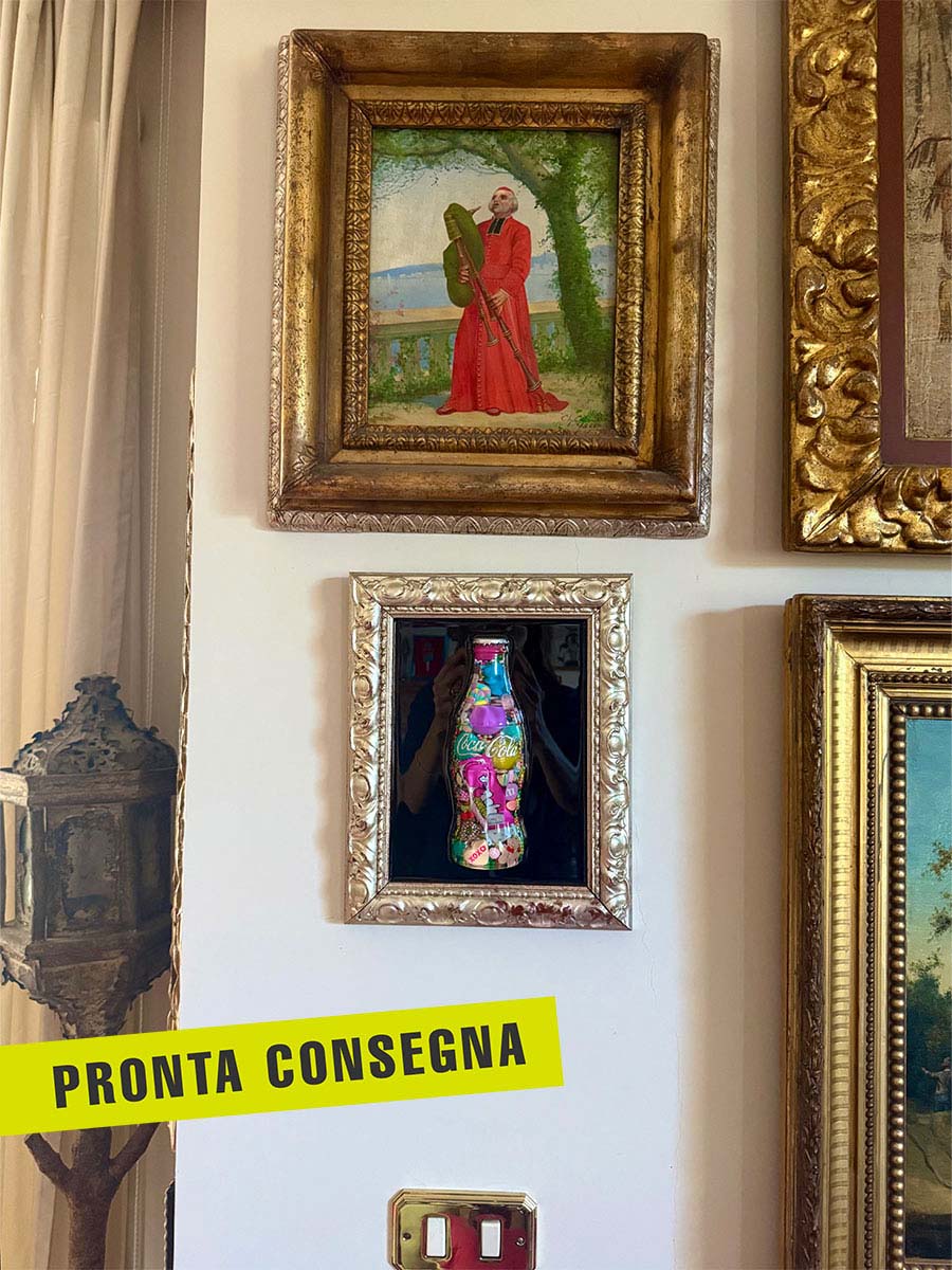 Quadro bottiglia coca cola piccola cornice e scritta argento 1 pronta consegna